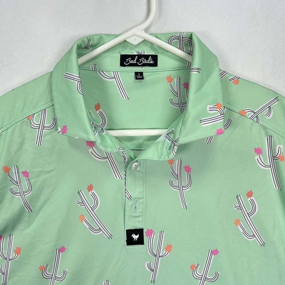 Bad Birdie Polo Shirt Mens Large Green Cactus Print‎ Golf Performance Stretch